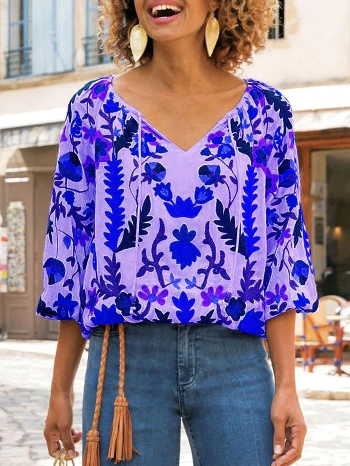 Made With Love Spring Elegant Summer Vintage Style Aari Embroidered Bodice Bohemian Collection Tasseled Tie Neck Women Blouse