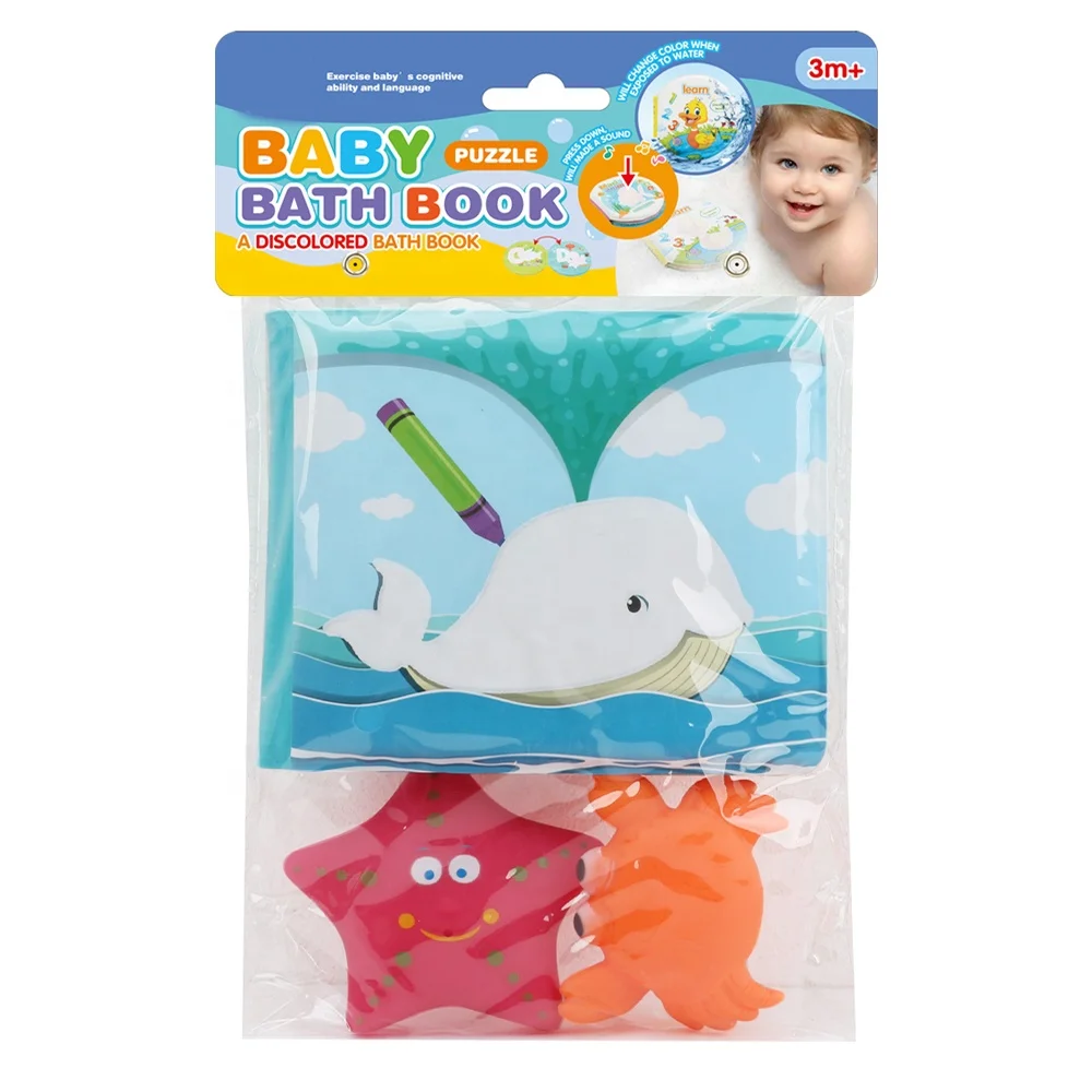 Waterproof baby bath book bathing play toy magic books change color in water with soft glue marine animal press the pinch sound