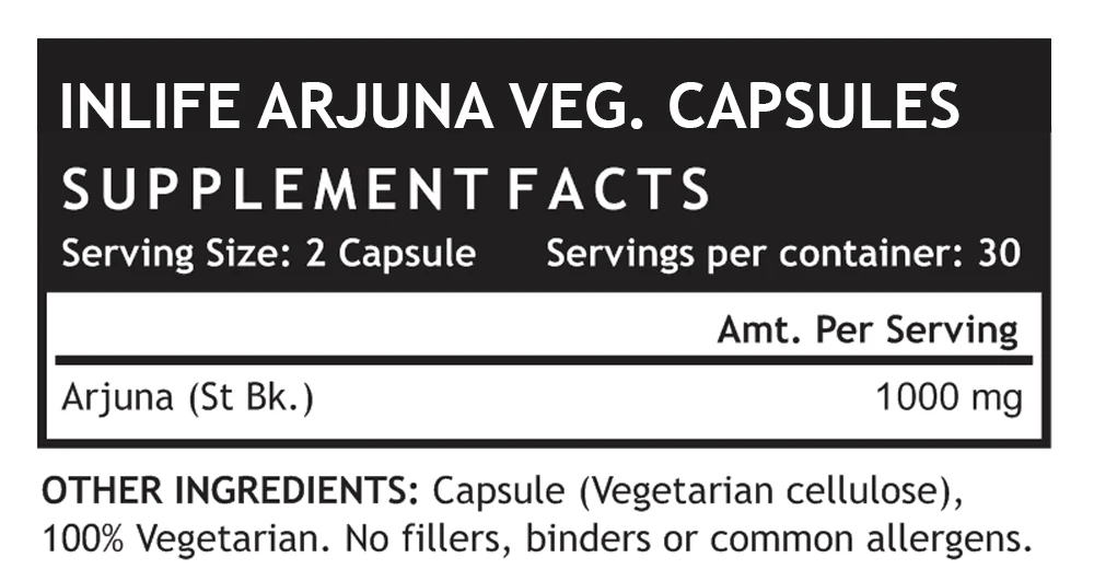 Arjuna Vegetarian Capsules 500mg Herbal Supplements 2 Capsules Daily Heart Health Cardiac Health GMP Certified HDPE Bottle > 25%