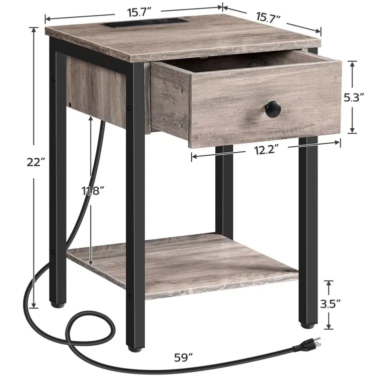Factory Wholesale Night Stand Bedside Table Nightstands Set of 2 with Charging Station