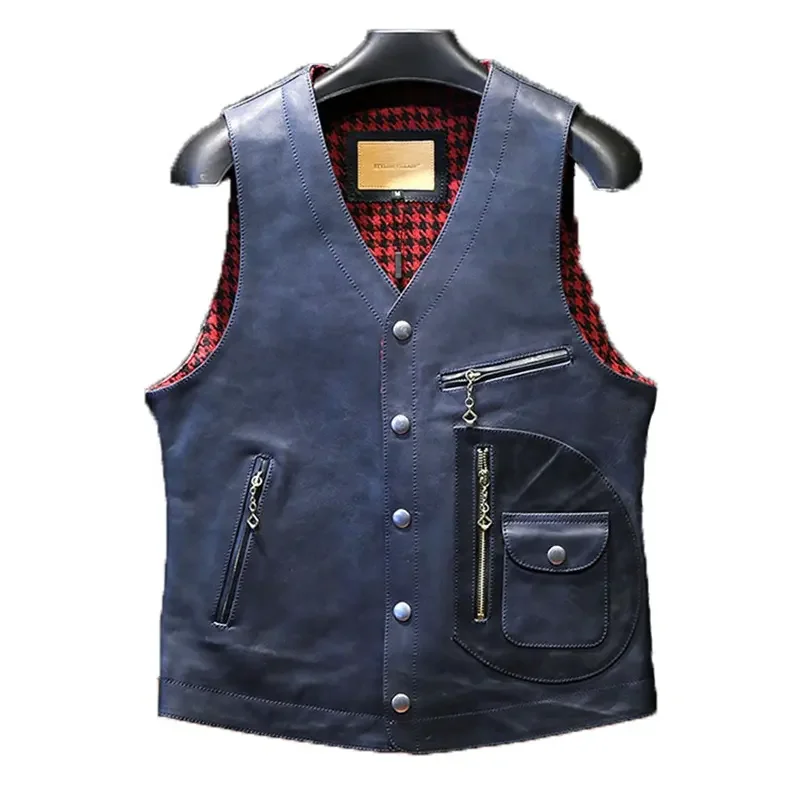 New Men 2023 Professional Casual Leather Vest Perforated Blue Leather Cow skin Biker Vest with custom logo