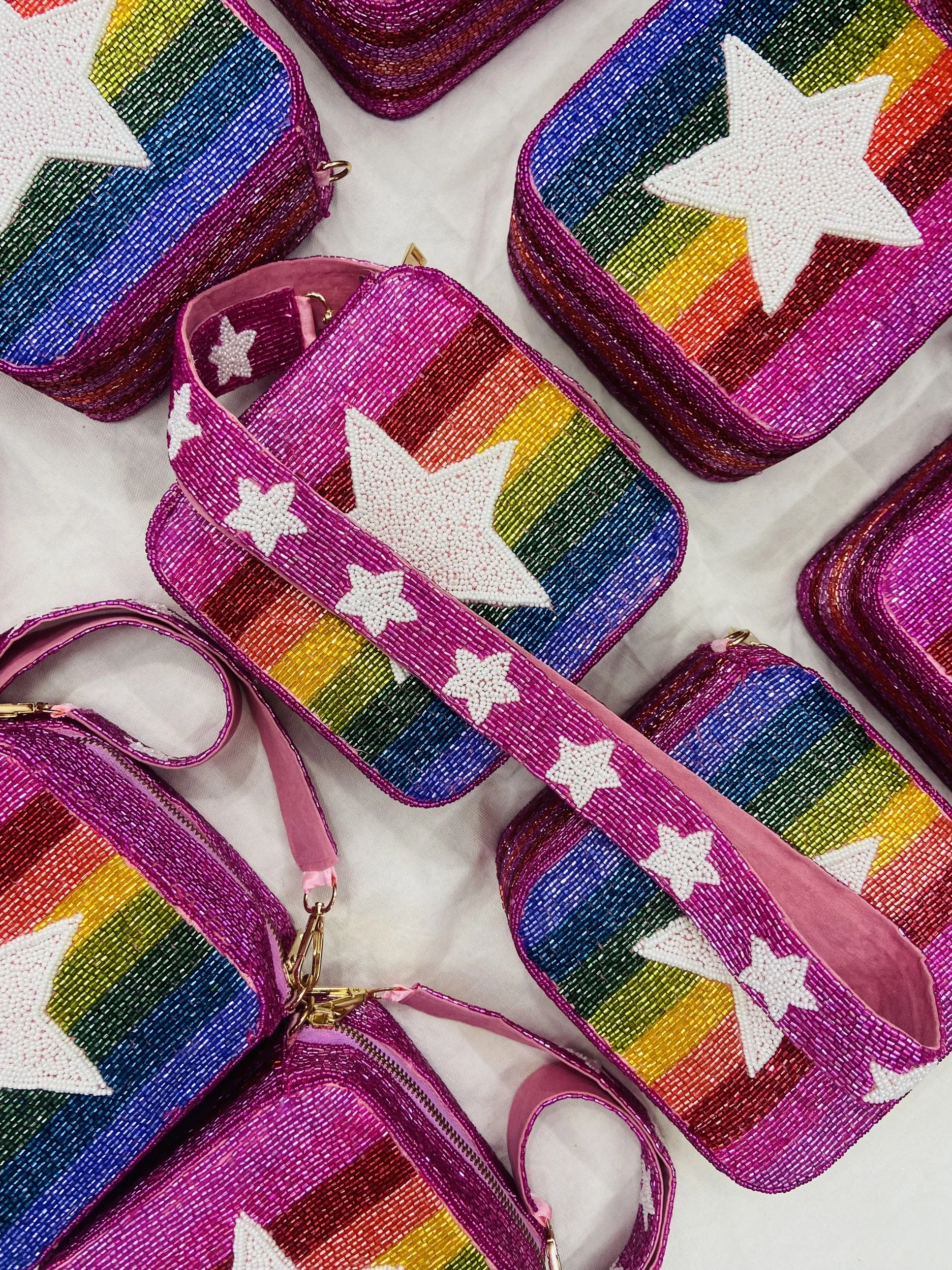 Latest Designer Woop Beaded Star Strap Box Handbag Customized Sizes Cross Body Purses for Ladies Black & White Fashion India