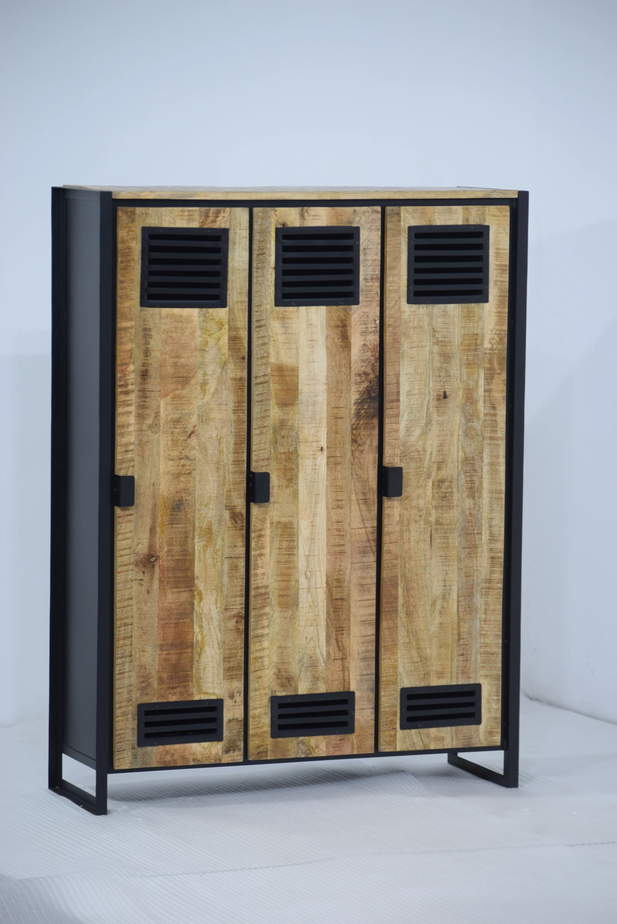Hot Selling Industrial Design Triple Door Locker Cabinet Good Quality Solid Wooden With Iron Base Wardrobe for Ho