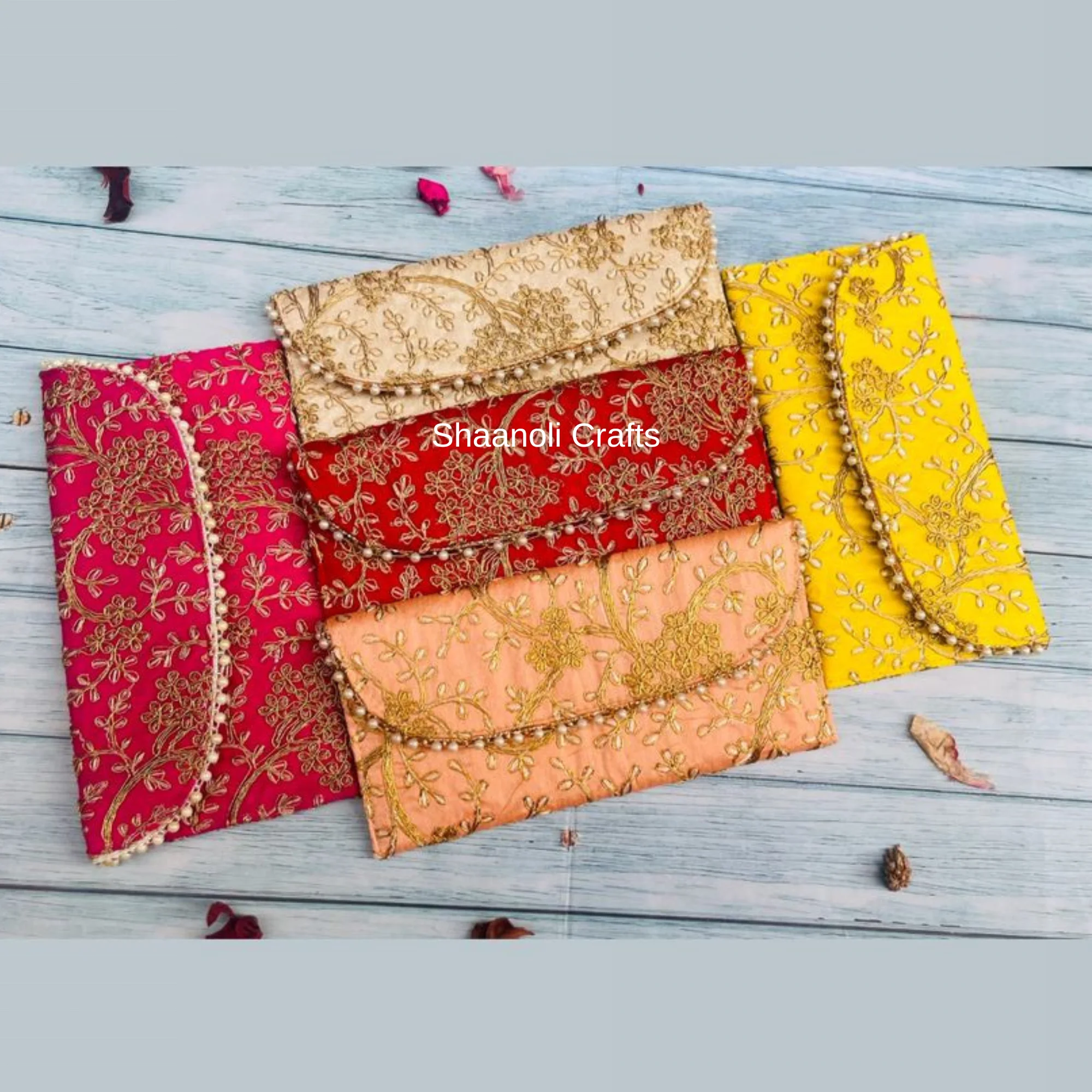 Handmade Indian Ethnic Slim Mobile Pouch Zardozi Embroidery Pattern Polyester Lining Button Closure Wedding Favor Gift Bag