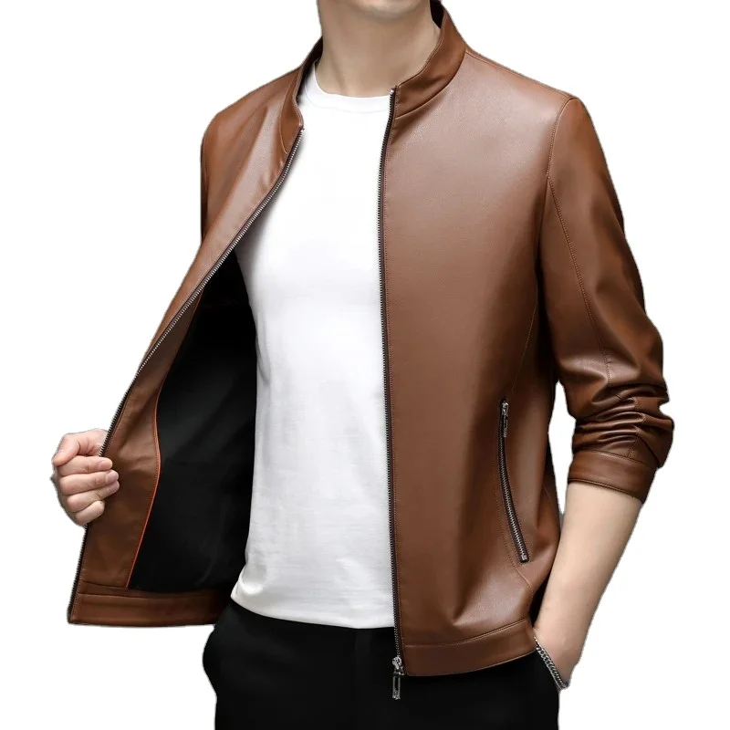 Winter warm and fleece leather jacket for men solid color  manufactured leather jacket in pakistan