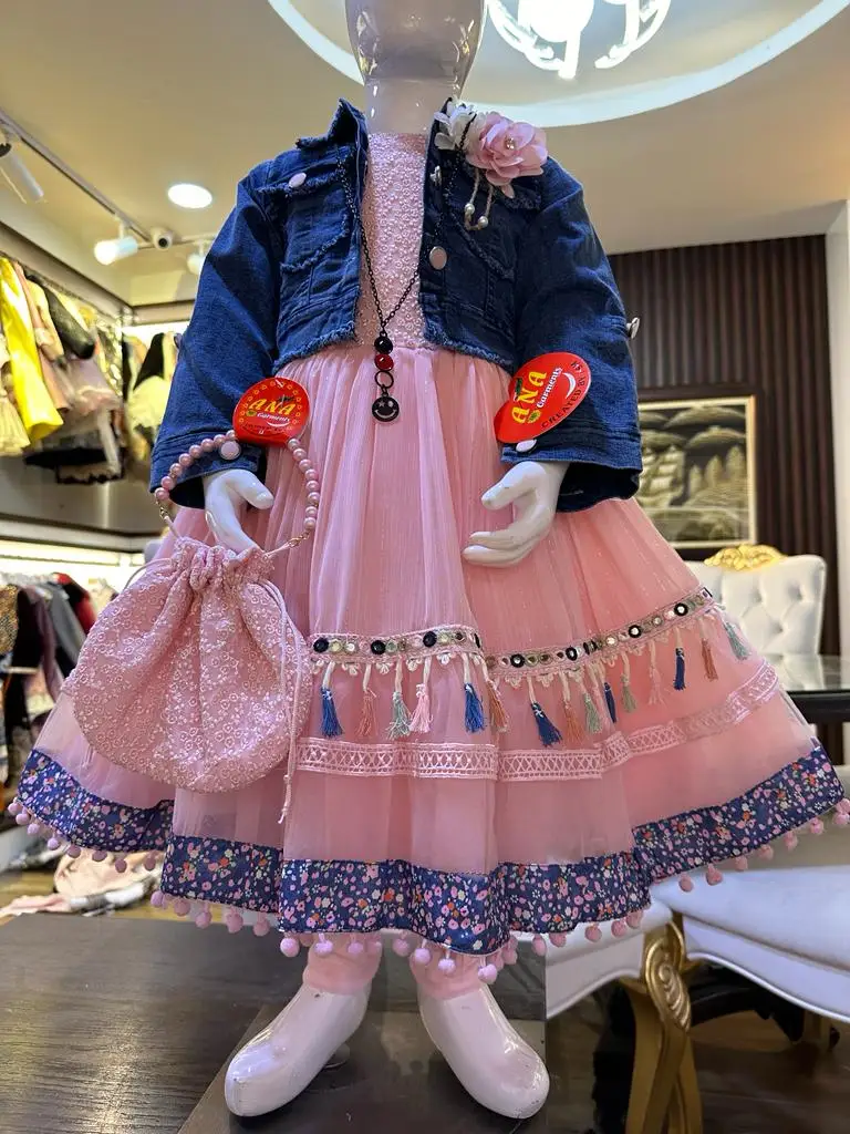 Kids new 2024 fashion frock wth denim jacket latest party wear baby dress with handbag