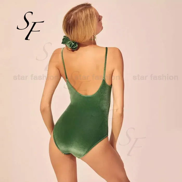 Custom summer spaghetti straps scoop neckline velvet fabric women velour swimwear sexy elegant one piece bikini swimsuit