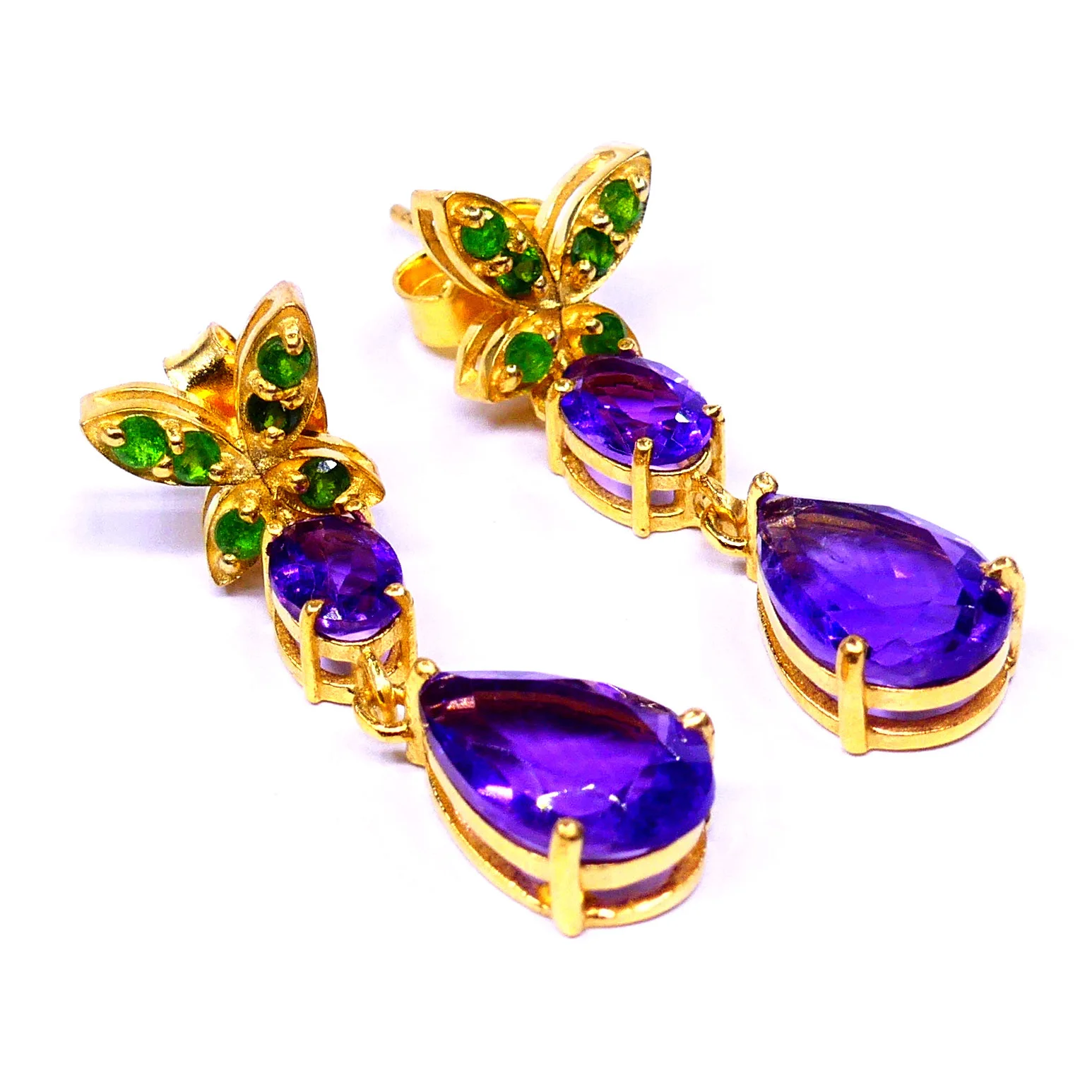 Traditional 925 Sterling Silver Gold Plating Amethyst Tsavorite Gemstones Classic Women Wear Drop Earrings
