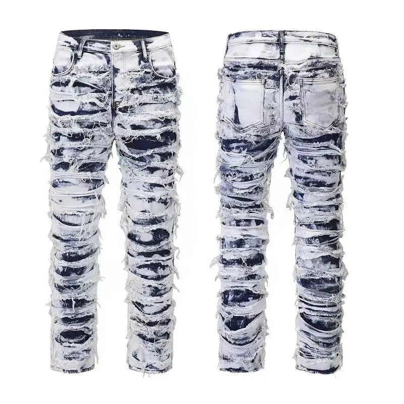 New whole sale WORK OUT custom style denim jeans distressed fashion stacked jeans men