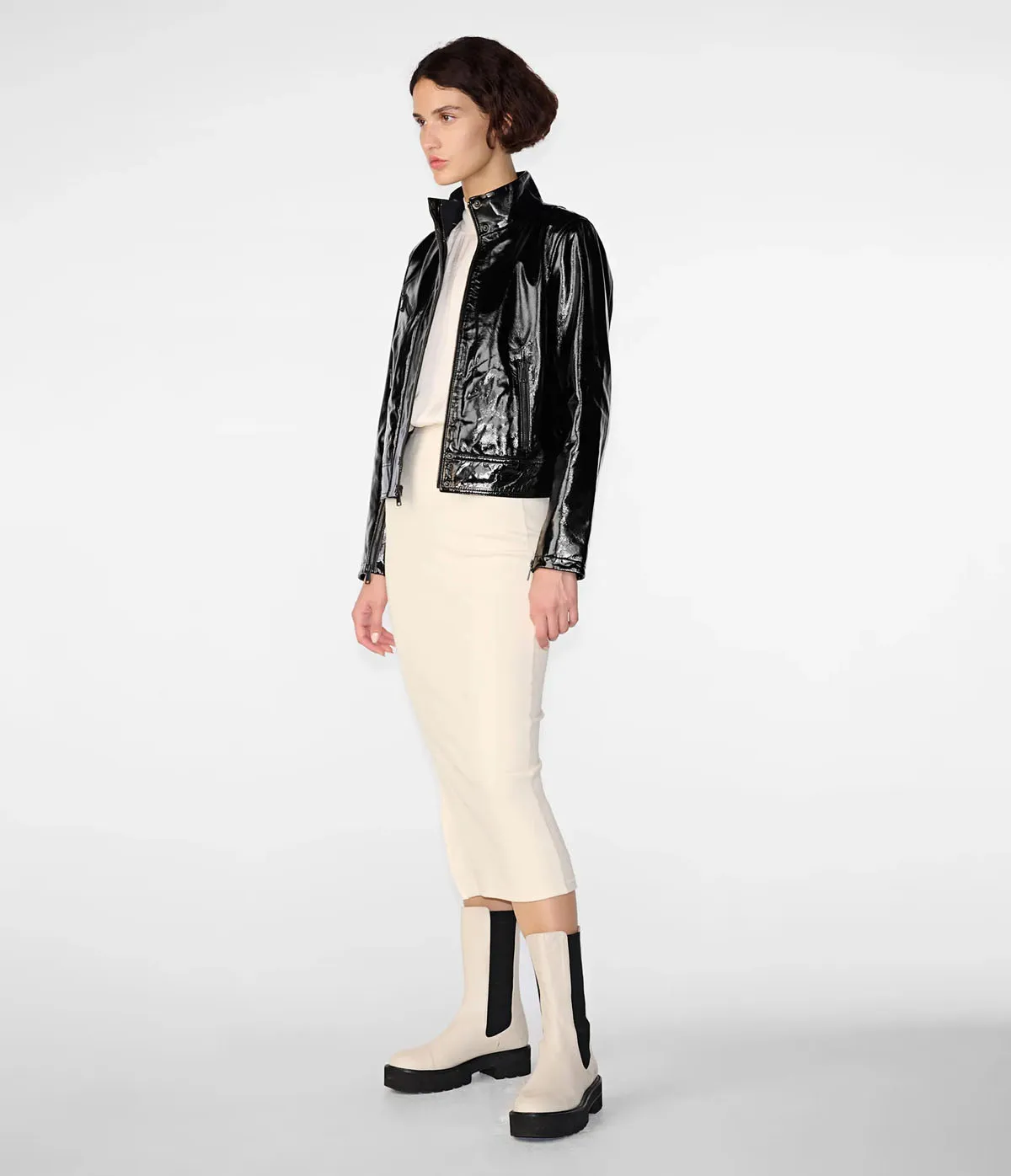 Black Shine Cropped Real Lambskin Racer Biker Style Leather Women Jacket with Stand Collar