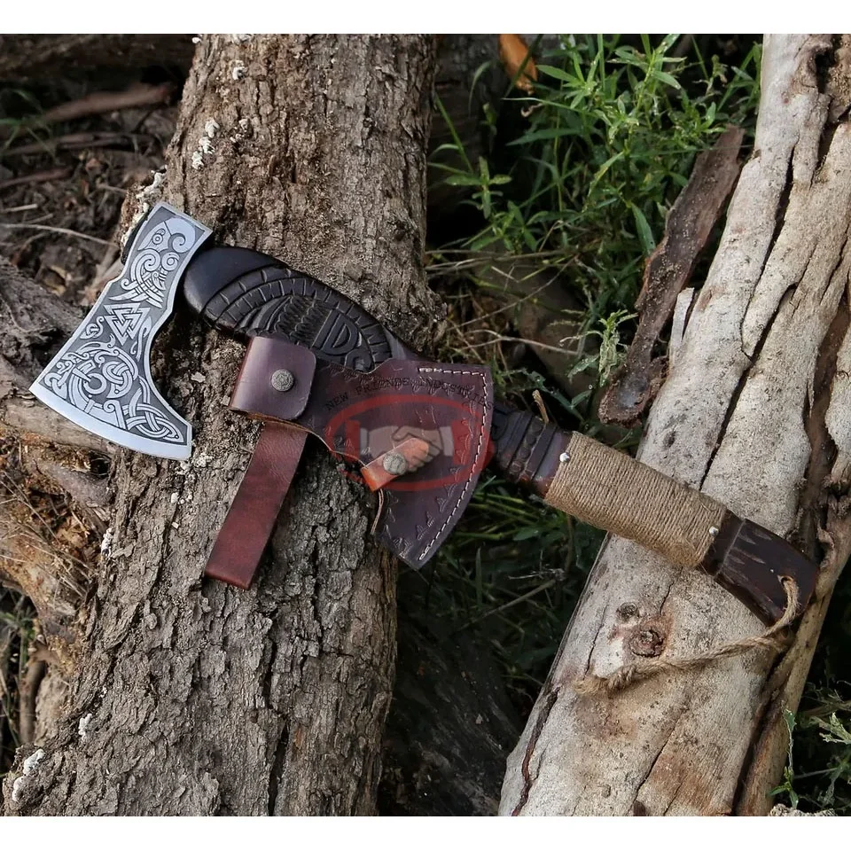 Лидер продаж топор из углеродистой стали Viking Tomahawk ручной работы выкованный вручную Викинг-топор с гравировкой и кожаным