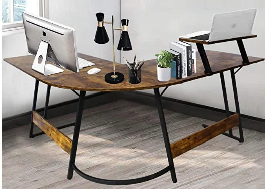 L shaped big size office home black color wood surface carbon fiber board metal feet gaming desk with Monitor stand