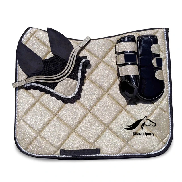 HORSE ENGLISH COTTON SADDLE PAD WITH MATCHING BELL BOOT TENDON BOOT & FLY VEILS MATCHING SET CUSTOMIZATION ACCEPTED