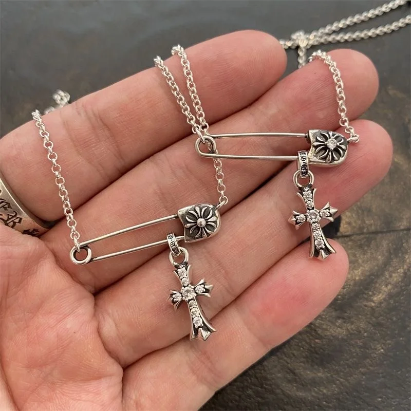 Wholesale Jewelry 925 Silver Retro Pin Vintage Inlaid Cross Pendant Chrome Heart Necklace for Men Women