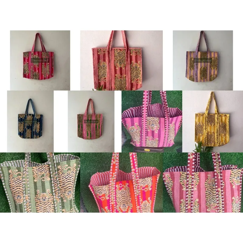 Wholesale Lot of Indian Cotton Quilted Handbags Bohemian Style Tiger Printed Fashion Casual Shopping Bags for Women