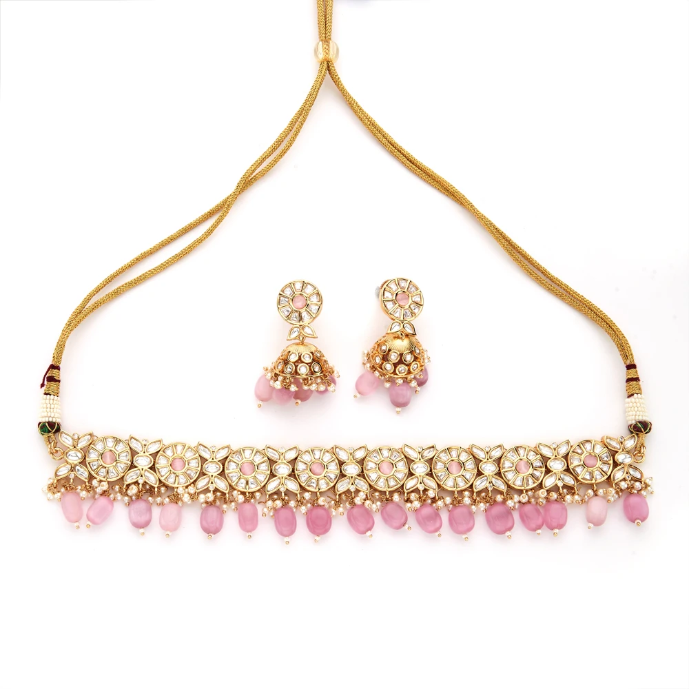 Latest Market Design Of Kundan Pink Choker Necklace with gold plating 301415 For Women Girls