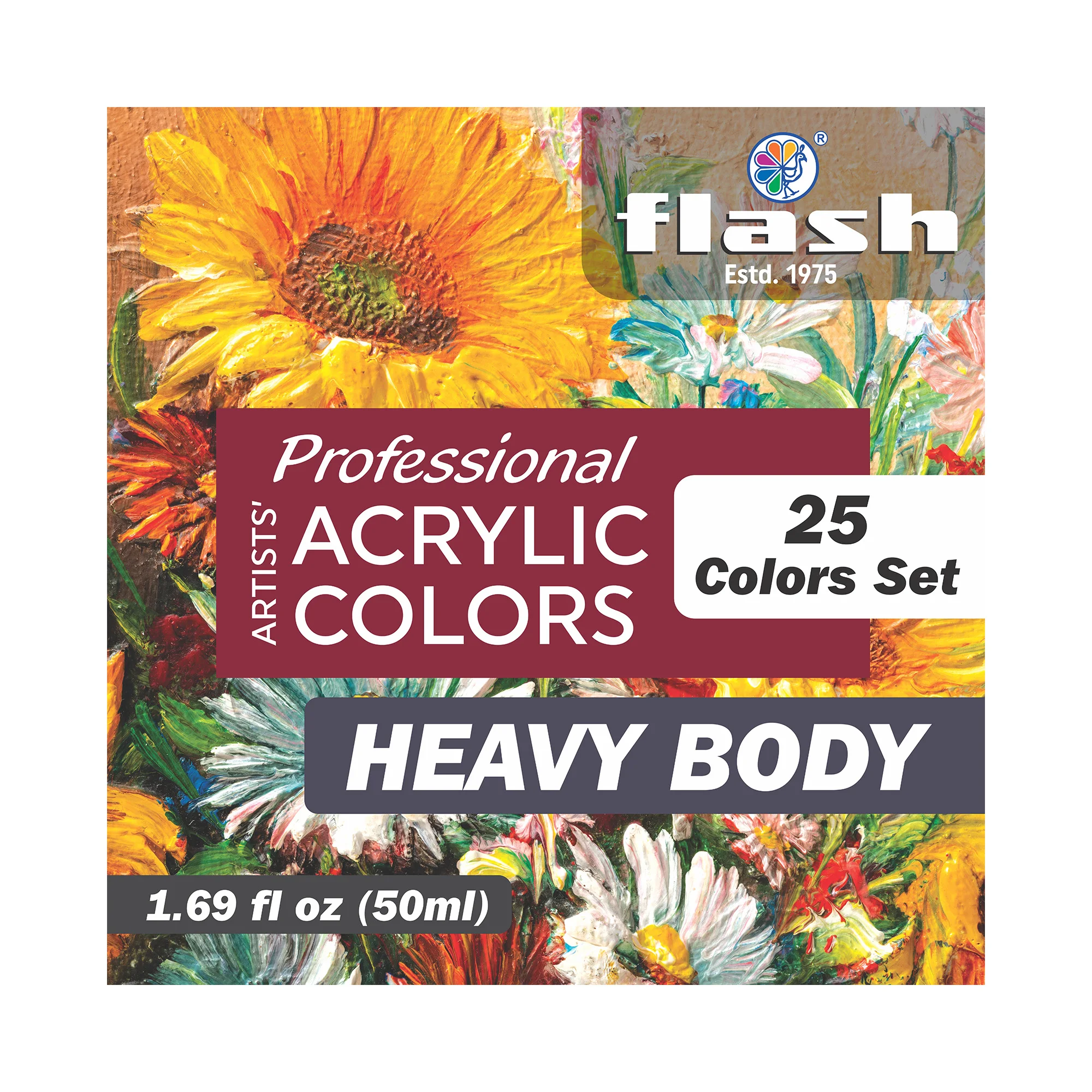 High Quality Flash Heavy Body Acrylic Colors 50ml 25 Color Set | Non Toxic Kids Safe High Lightfastness Colors