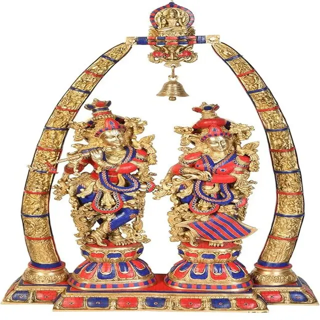 Large Brass Lord Radha Krishna Bhagwan Statue Murti for home Showpiece Pooja Temple Room Gift Sculpture Brass Statue with Inlay