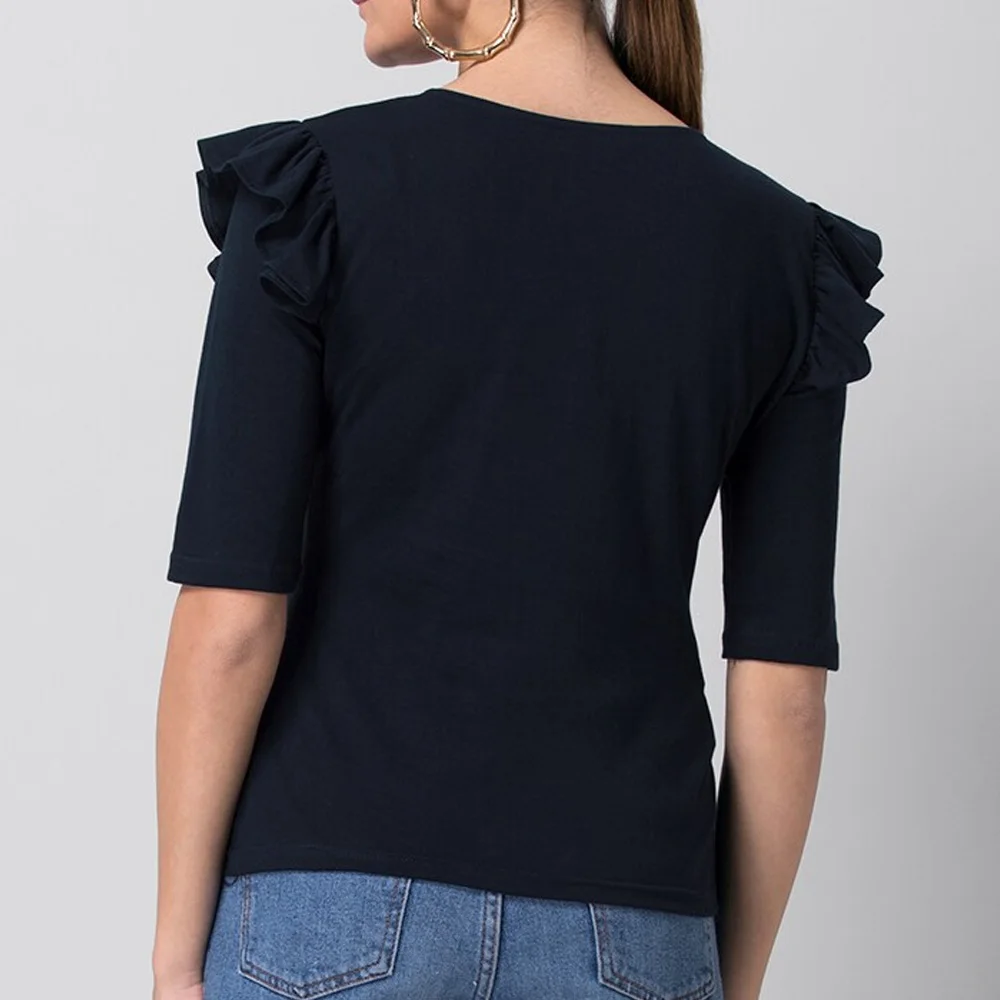 High Quality Casual Wear Summer V Neck Ruffle Women Top / Wholesale Price Solid Color Half Sleeves Tshirt For Women