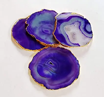 Wholesale Purple Agate Coasters Natural Crystal Salt Stone Coasters with Golden Electroplated for Sale