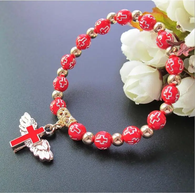 8mm Angel Wing Cross Rosary Bracelets White Gold Cross Charms with Angel Wing Acrylic Baptism Beaded Bracelets Making Jewelry