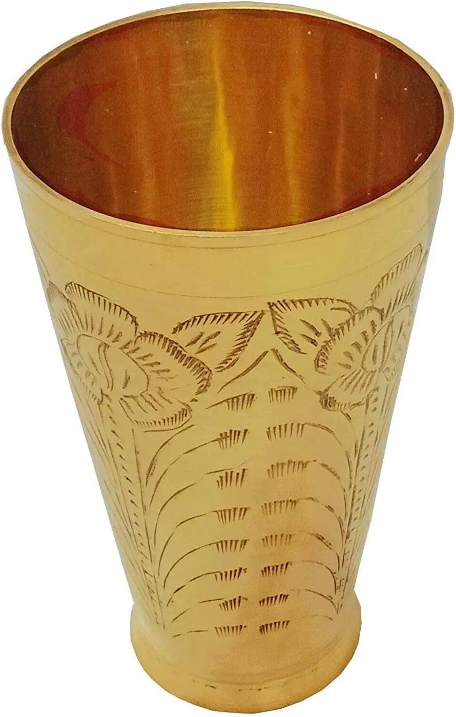 Wholesale Indian Pack of 2  Brass Punjabi Lassi Glass Floral Carving Tumbler Cup Water Glass (700-800 ml Each Approx.)