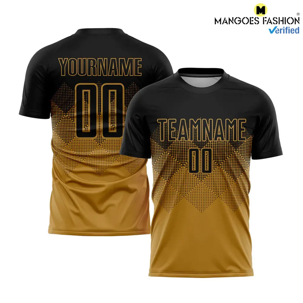 Premium Custom Old Gold Black Sublimation Soccer Uniform Jersey Moisture-Wicking Spongy Handle Draping Property Elasticity