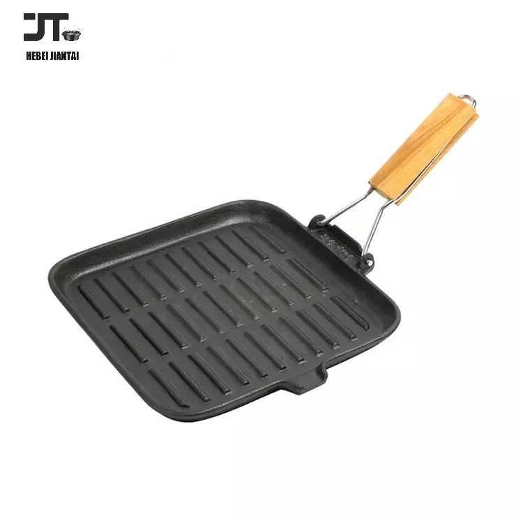 Multipurpose Steak Frying Pan, 28cm Cast Iron Non-Stick Grill, Deep Square Griddle Pan with Folding Wood Handle Cooking Pans