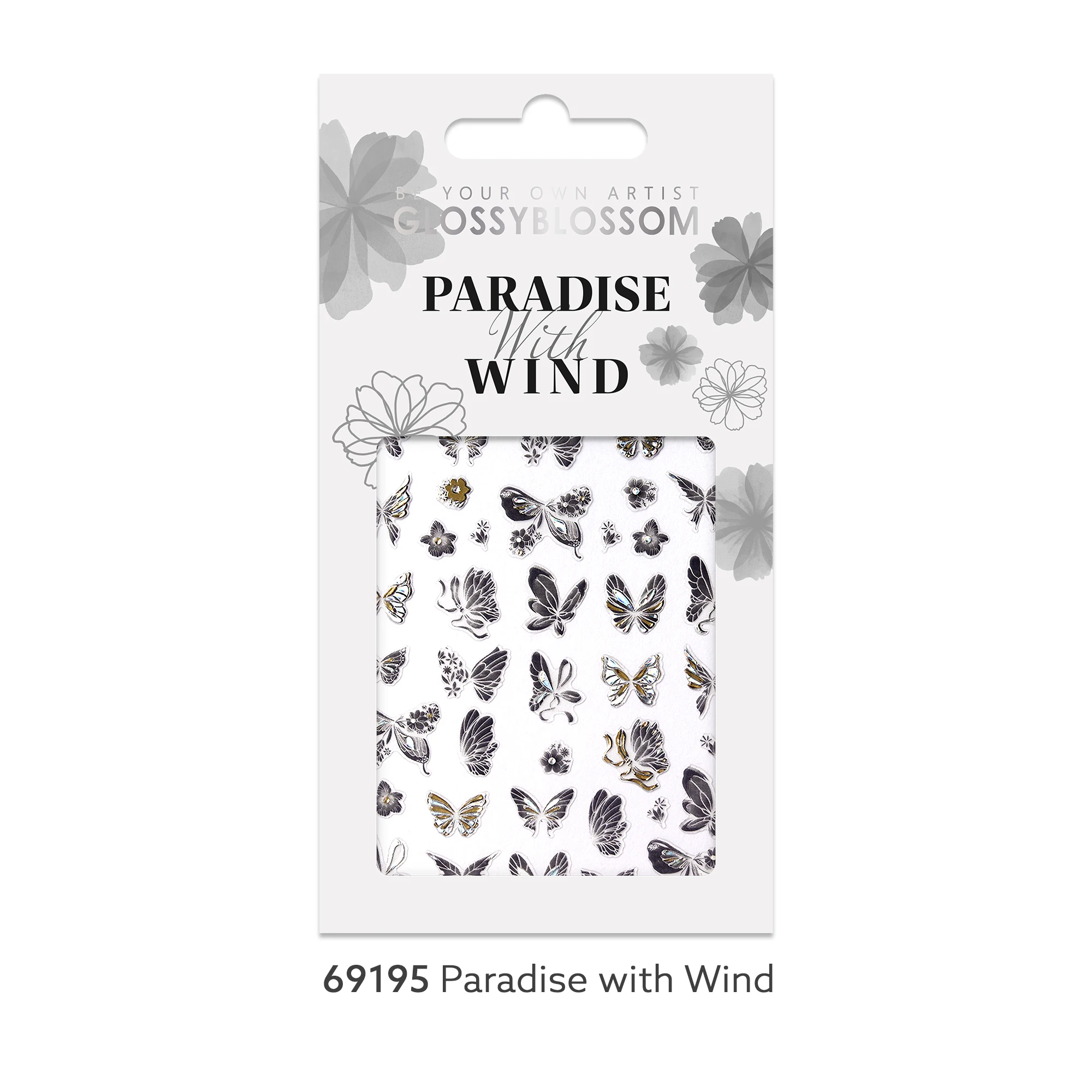 ShineB PARADISE с ветром #69195 наклейки на ногти видимые черные цветочные бабочки золотым серебряным дизайном голограммы Корея oem