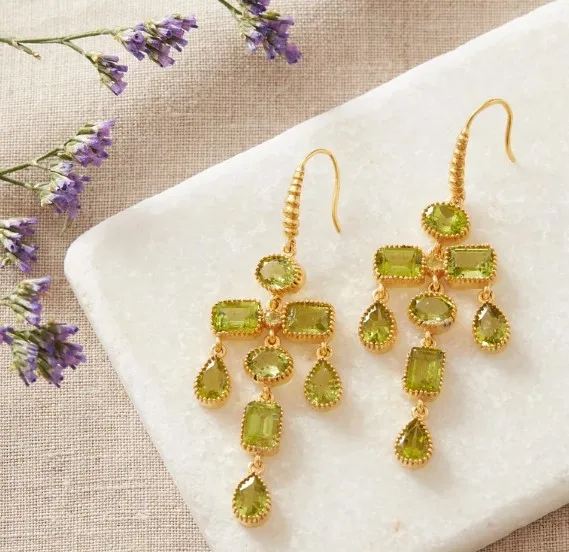 Wedding jewelry mix shaped peridot quartz gemstone chandelier dangle earrings brass 18k gold plated long pair statement earrings