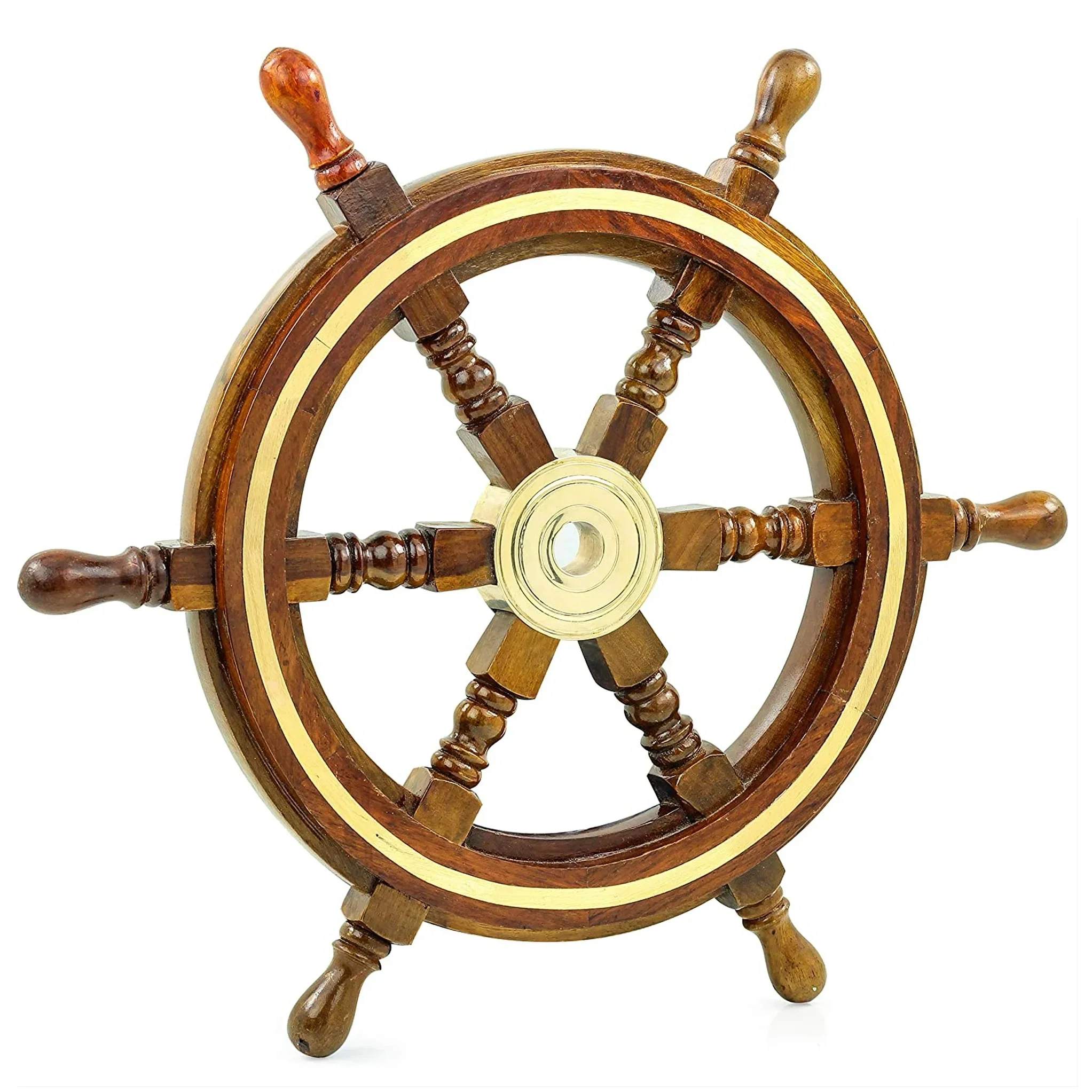 High Quality Nautical Ship Wheel Steering Wall Decoration Wood Craft Engraved Natural Polished Finish Indoor Metal Boat