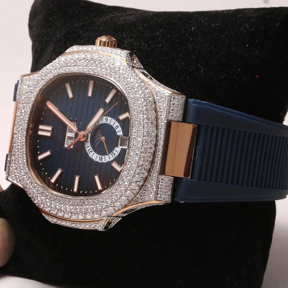 GRA Certified Diamond Watch Hip Hop Luxury Customized Yellow Gold Black Iced Out VVS Moissanite diamond Mechanical Watch
