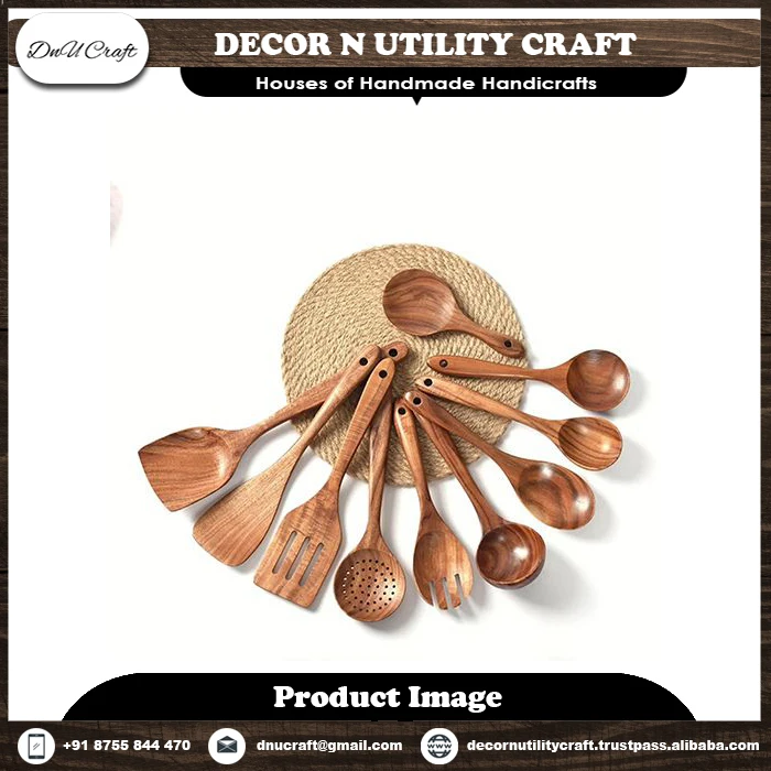 Wholesale Set of Handmade Natural Acacia Wood Kitchen Utensils Eco-Friendly Non-Stick Cooking Spoons and Tongues