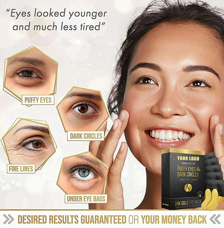 Private Label Puffy Eyes Solution Wrinkle Remover  Anti Aging Eye Patch 24K Gold Collagen Eye Mask