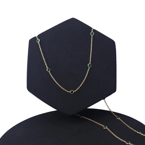 New fashion tiny green emerald quartz round stone necklace gold plated bezel set multi station double layer cable chain  jewelry