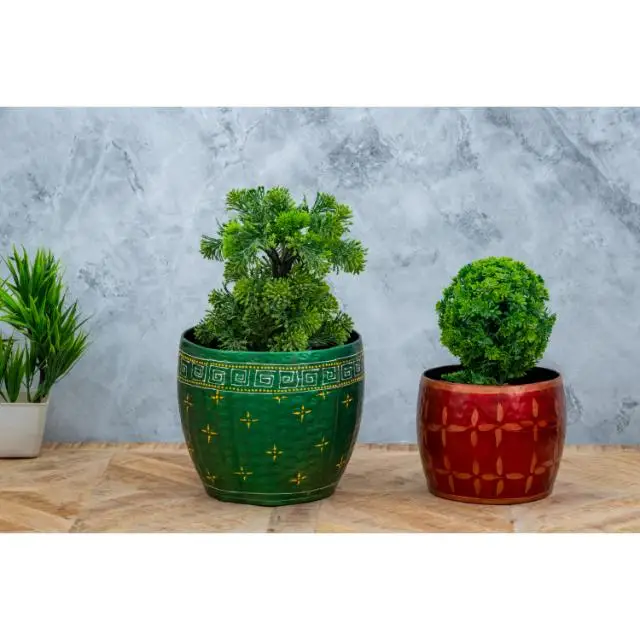Hand Painted Planter Set Iron Bucket Flower Vase Hand Carved Indoor Decoration Customized Color Used with Flower/green Plant