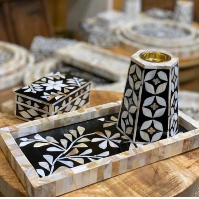 Customized Sticker Print Madkhan Wooden Round Bone Inlay Serving Tray New Bone Inlay Mother Of Pearl Tray Wooden Tray Set Of 3