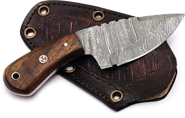 Custom handmade 6 inches Damascus steel fix blade rose wood handle full tang knife with free fancy original cow hide leather