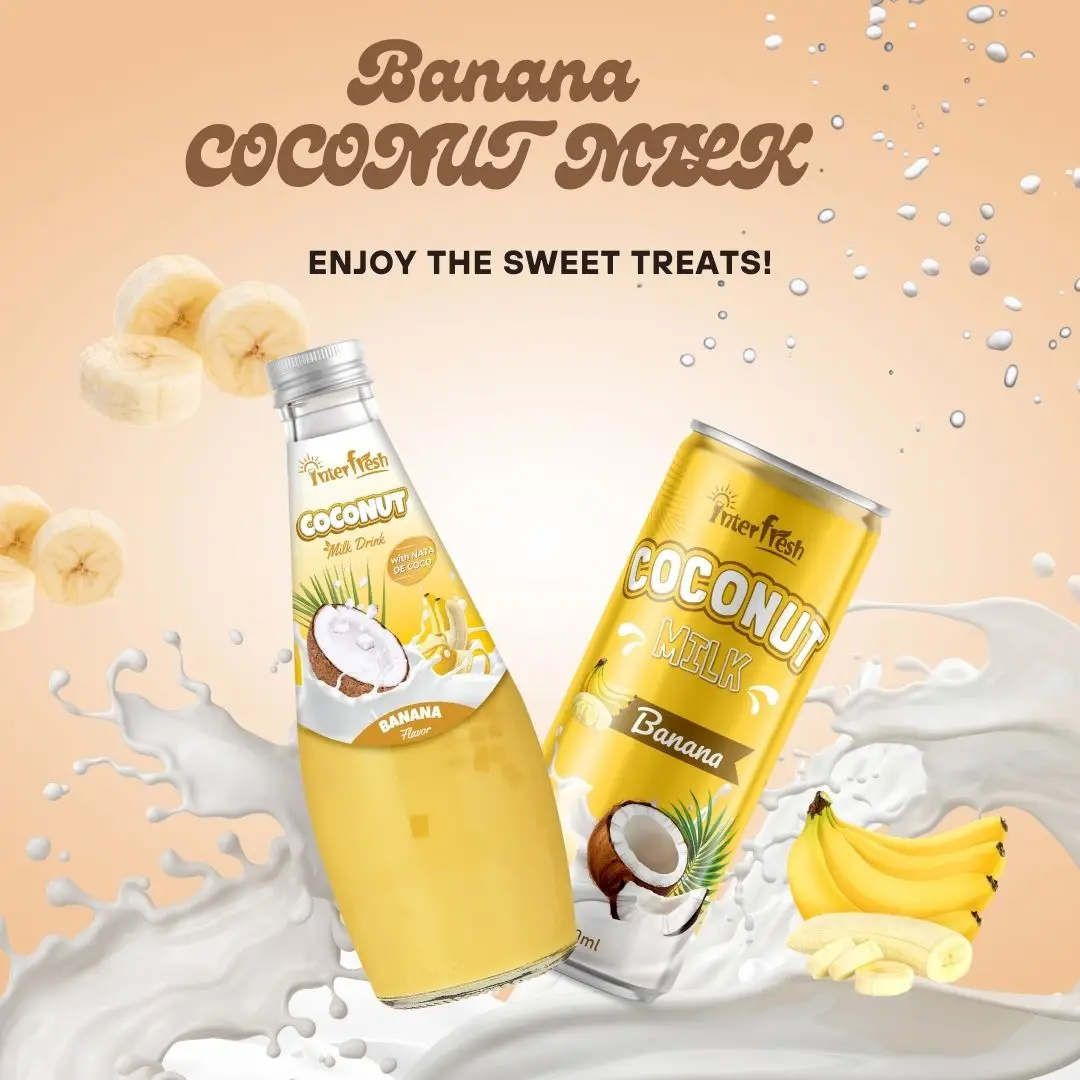 INTERFRESH Exporter From Vietnam High Quality Coconut Milk Nata De Coco Fruit Drink With Banana 290 ml Glass Bottle Customized