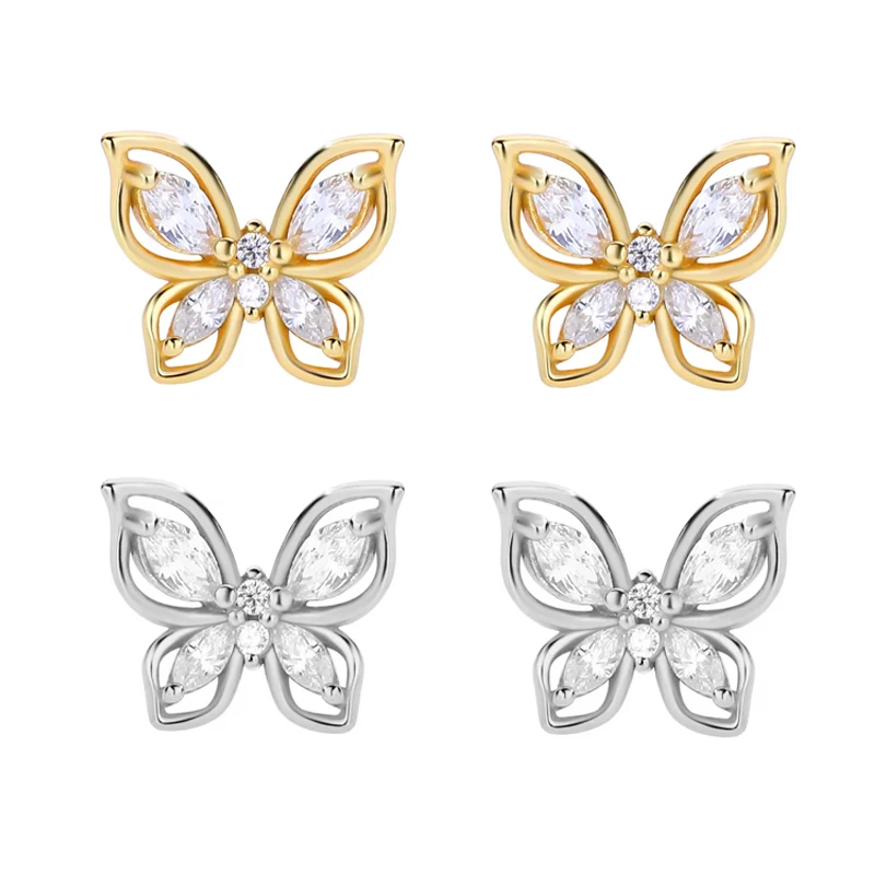 Wholesale 925 Sterling Silver Animal Cute Fashion Fine Jewelry 18K Gold Plated Zircon Butterfly Stud Earrings