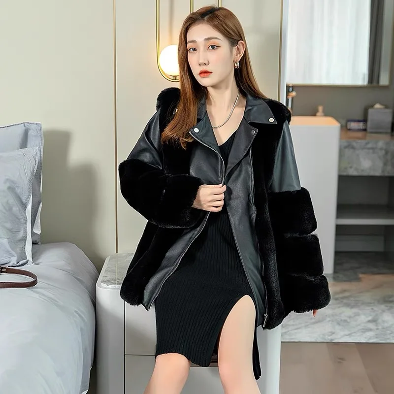 Women autumn and winter fur coat mid-length raccoon fur motorcycle clothing fashion korean imitation rex rabbit jacket