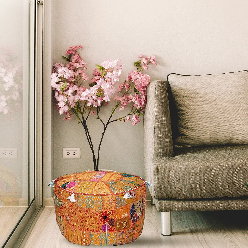 Export Quality Handmade Pouf Cover For Home Decor Pouffe Foot Stool Round Seating Ottoman From Indian Supplier