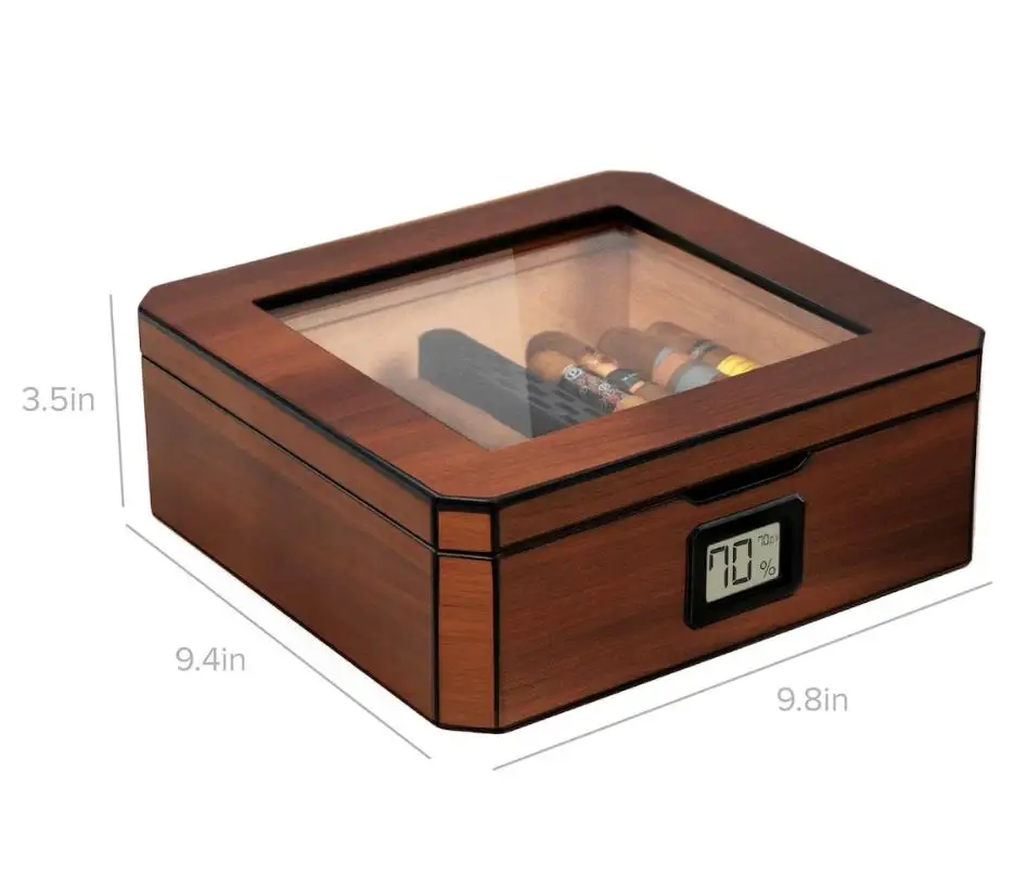Walnut  Desktop Humidor Holds 20-30 Cigars Glass Top with Magnetic Seal Octagon shape Spanish Cedar Includes Humidor