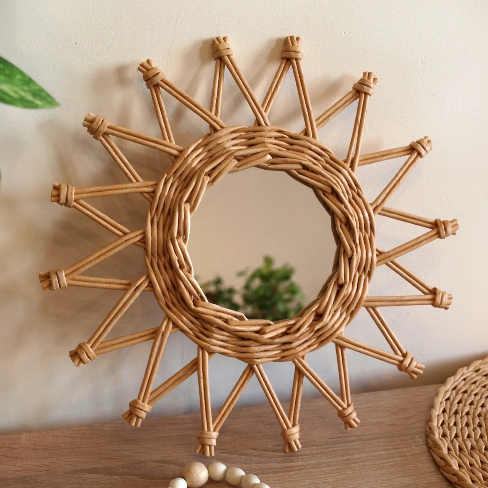 Minimalist Decorative Bamboo Rattan Wicker Wholesale Mirror Mounted Wall Hanging Round Antique For Bedroom Living Room Bedroom