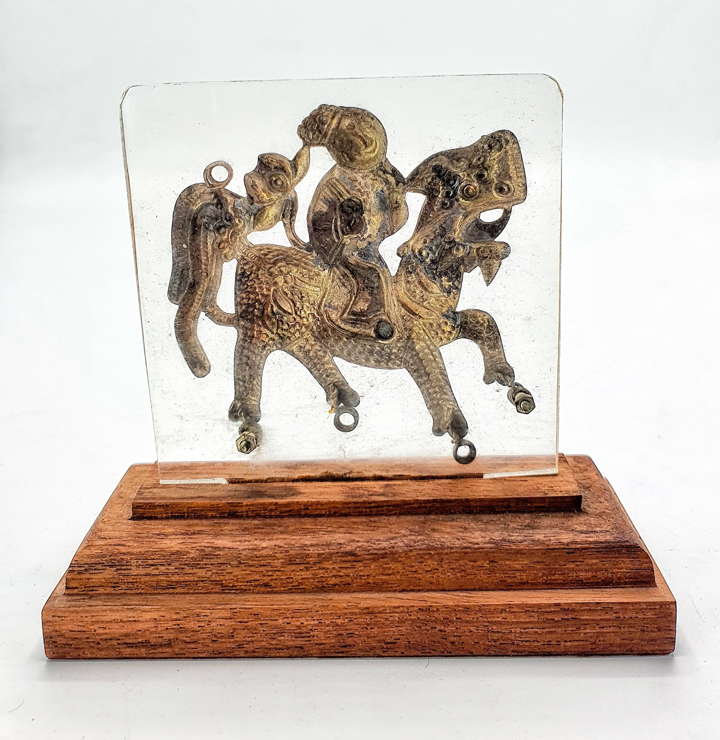 Antique Chinese Sterling Silver Kylin Amulet Which Represents Good Health Luck Good Fortune On Wood panel for Decorated collect