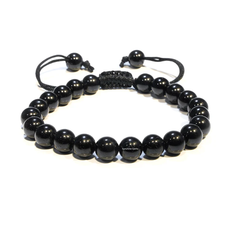 Black Tourmaline Adjustable Crystal Bracelet Gemstone Bead Bracelet with Macrame String Healing Crystal Bracelet for Men Women