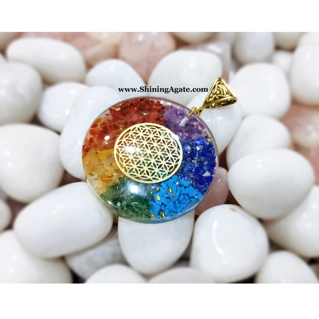 Seven Chakra 40mm Orgone Pendant With Flower Life Symbol Chakra Balancing Gemstone Pendant