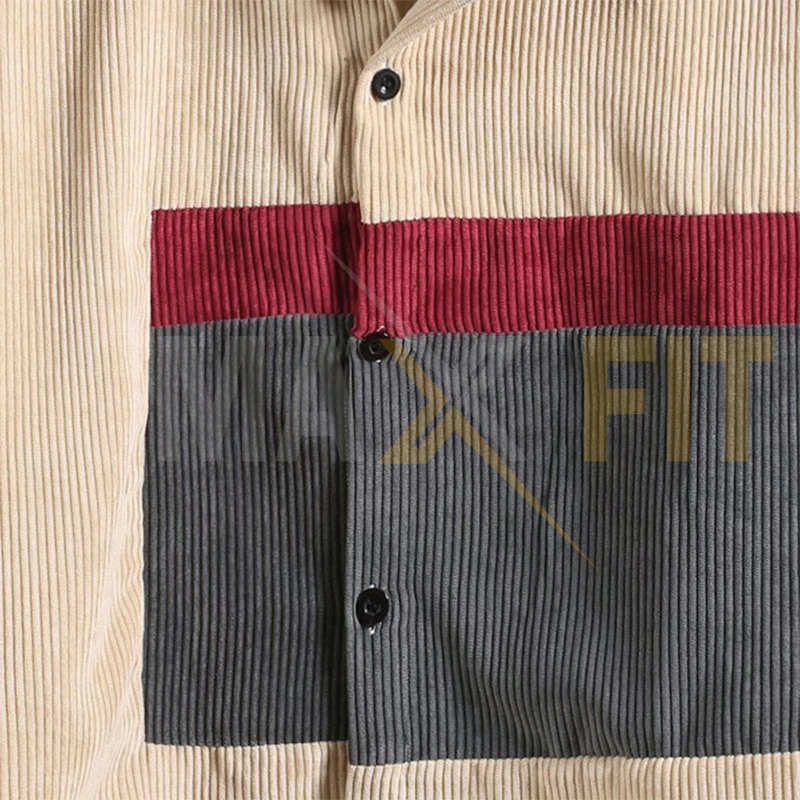 Corduroy Jacket Shirts for Men Loose Casual Color Block Patchwork Fashion Men Blouse Tops Long Sleeve Turndown Collar Lapel