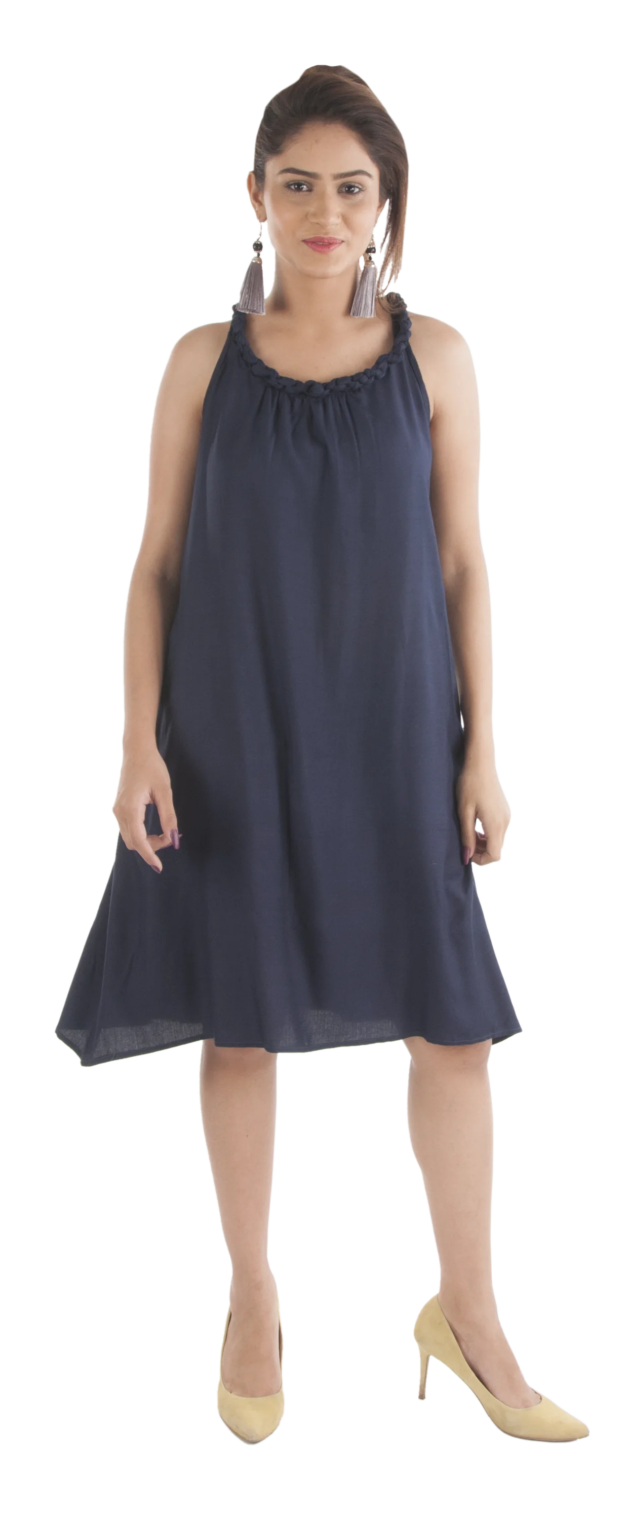 Top Quality Bamboo Knee Length Stylish Neck Braid Design Dress with Flowing Bottom for Girls available at Reasonable Price