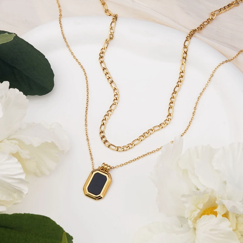 Square Black Pendant Necklaces Stainless Steel Stacked Layered Thick Cuban Necklace For Women